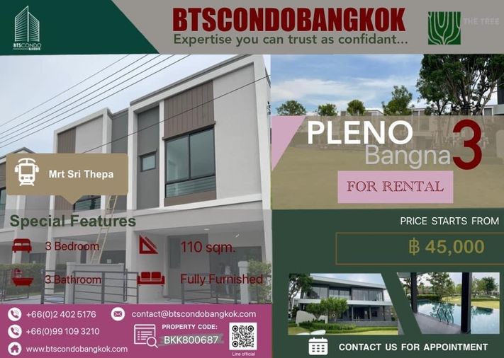 🌈🔥 Pleno Sukhumvit - Bangna 3 3BR  3BH 18 sq.m 2 storeys nice decoration for  Rental■□