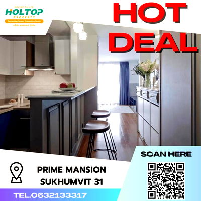คอนโดให้เช่า : #S306 Prime Mansion sukhumvit 31  ไพร์ม แมนชั่น สุขุมวิท31 รูปแบบห้อง 2 ห้องนอน 2 ห้องน้ำ  ชั้น8