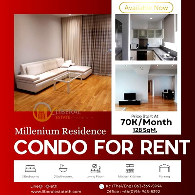 Condos for rent : LTH11706 - Millennium residence FOR RENT Size 128 sqm. 3 beds 2 baths Near BTS Phrom Phong Station ONLY 70K/Month