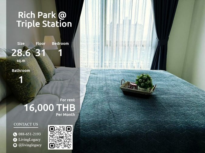 LTR0SOKJ ให้เช่าคอนโด Rich Park @ Triple Station 28.6 ตร.ม. ชั้น 31 line id : @livinglegacy