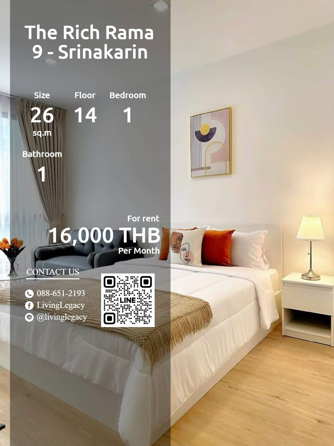 SN7BCD ให้เช่าคอนโด The Rich Rama 9 - Srinakarin 26 ตร.ม. ชั้น 14 line id : @livinglegacy