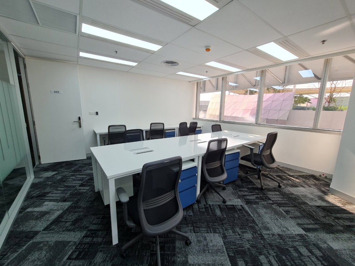 Fully furnished office space for rent  featuring modern-style decor and fully equipped with essential office furniture for immediate use.