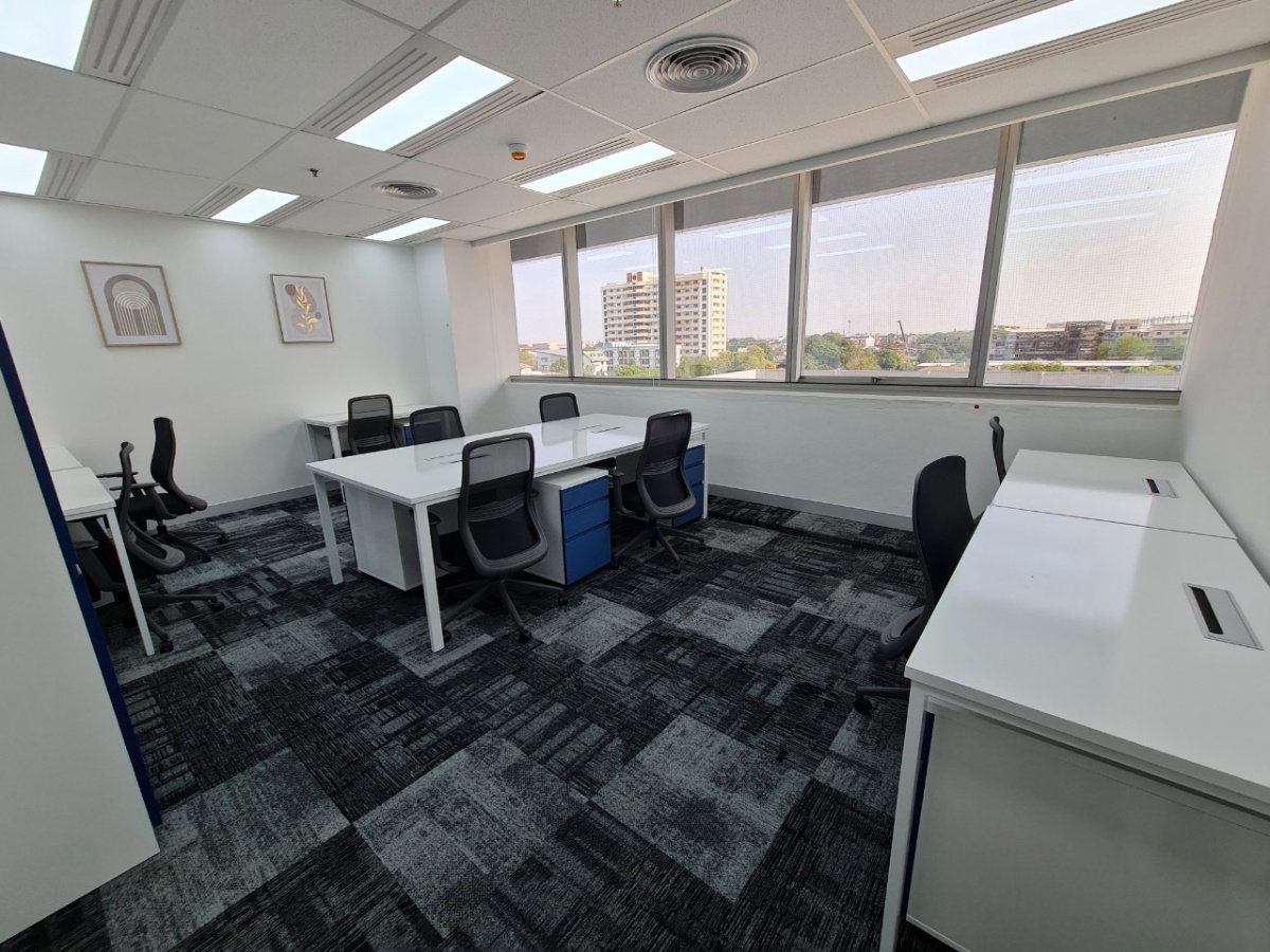 Fully furnished office space for rent featuring modern-style decor and fully equipped with essential office furniture for immediate use.