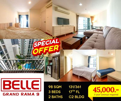 Condos for rent Rama 9 : BBR153  For rent, Belle Grand Rama 9, Floor 17,❤️3 bed - 2 bath, C2 Building, 45,000.-/month, 064-959-8900