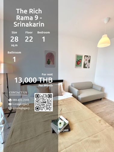 LW7YC2VB ให้เช่าคอนโด The Rich Rama 9 - Srinakarin 28 ตร.ม. ชั้น 22 line id : @livinglegacy