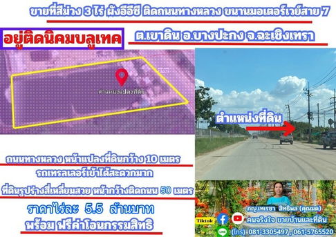 ขายที่สีม่วง 3 ไร่ ผังอีอีซี ติดถนนเลียบมอเตอร์เวย์ ขาเข้ากรุงเทพ และ อยู่ติดนิคมบลูเทค ต.เขาดิน อ.บางปะกง จ.ฉะเชิงเทรา  