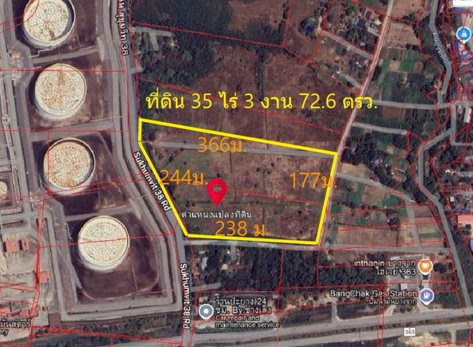 Land for sale in Map Ta Phut, on Sukhumvit Road 38, Rayong Province, 35 rai, 3 ngan, 72.6 sq m.