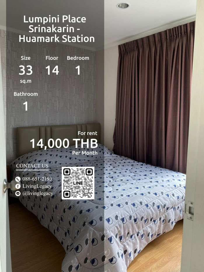 รูป SZE9K3 ให้เช่าคอนโด Lumpini Place Srinakarin - Huamark Station 33 ตร.ม. ชั้น 14 line id : @livinglegacy - รูปที่ 1/13