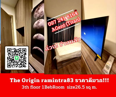 Condos for rent : 🔥🔥Hurry and book now🔥🔥 The Origin Ramintra83, fully furnished, special price, very good room!!!