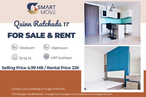 🔥 For Sale  !!🔥 Code C20250700047..Quinn Ratchada 17, 1 bedroom, 1 bathroom, high floor 19++, Partly Furnished, ready to move in, Special Deal!!📣📣