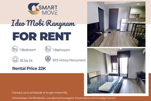 🔥 สำหรับเช่า !!🔥 Code C20250700052..........Ideo Mobi Rangnam, 1 ห้องนอน, 1 ห้องน้ำ, ชั้นสูง 15++, แต่งครบ, พร้อมเข้าอยู่ 📣📣