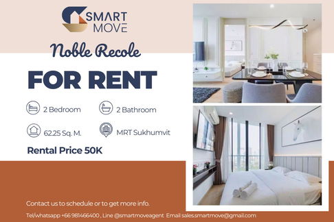 🔥 สำหรับเช่า !!🔥 Code C20230100892..........Noble Recole, 2 ห้องนอน, 2 ห้องน้ำ, ชั้นสูง 11++, แต่งครบ, พร้อมเข้าอยู่ 📣📣
