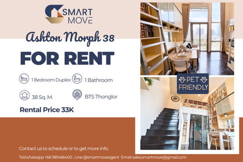 🔥 สำหรับเช่า !! เลี้ยงสัตว์ได้ !! 🔥 Code C20230601025..........Ashton Morph 38, 1 ห้องนอน Duplex, 1 ห้องน้ำ, แต่งครบ, พร้อมเข้าอยู่ 📣📣