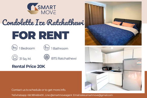 🔥 For Rent !!🔥 Code C20230108043..........Condolette Ize Ratchathewi, 1 bedroom, 1 bathroom, high floor 19++, furnished, ready to move in 📣📣