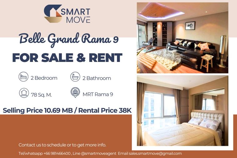 🔥 For Sale  !!🔥 Code C20230108679........Belle Grand Rama 9, 2 bedroom, 2 bathroom, high floor 29++, furnished, ready to move in, Special Deal!!📣📣