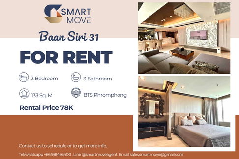 🔥 For Rent !! 🔥 Code C20221206682..........Baan Siri 31, 3 bedroom, 3 bathroom, high floor 19++, furnished, ready to move in 📣📣