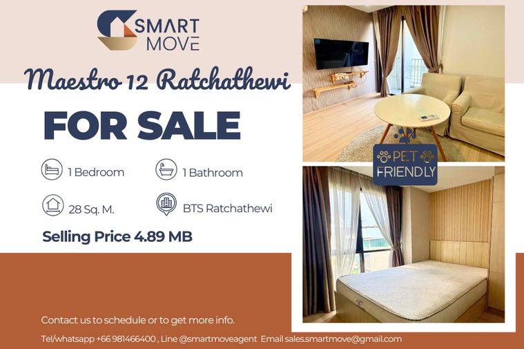 🔥 Sale with tenant !! Pet Friendly !! 🔥 Code C20230106674..........Maestro 12 Ratchathewi, 1 bedroom, 1 bathroom, furnished, Special Deal!!📣📣