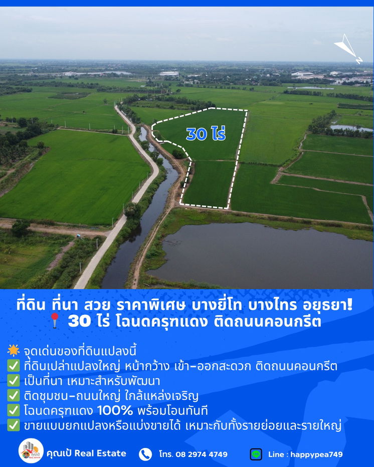 รูป ที่ดิน ที่นา บางไทร อยุธยา! สวย ราคาพิเศษ 📍 ขนาด 30 ไร่ โฉนดครุฑแดง ติดถนนคอนกรีต 🔥 ขายถูกที่สุดในย่านนี้  - รูปที่ 4/15