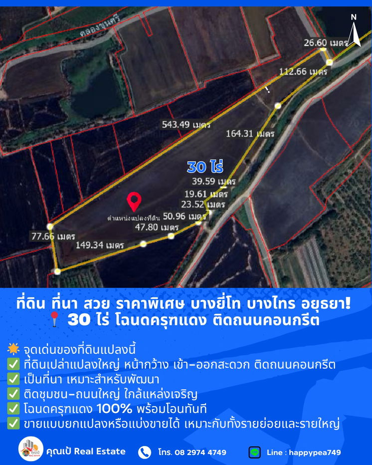 รูป ที่ดิน ที่นา บางไทร อยุธยา! สวย ราคาพิเศษ 📍 ขนาด 30 ไร่ โฉนดครุฑแดง ติดถนนคอนกรีต 🔥 ขายถูกที่สุดในย่านนี้  - รูปที่ 10/15