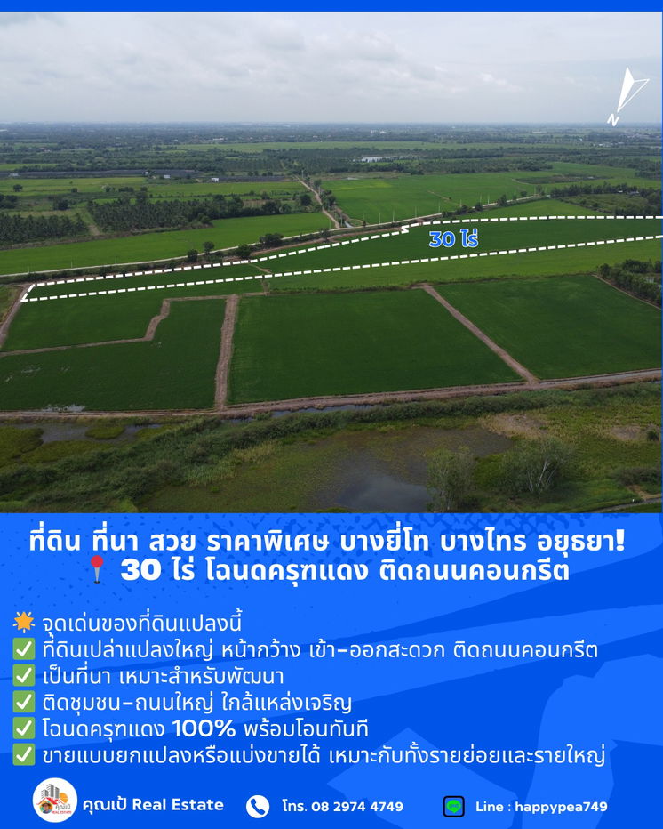 รูป ที่ดิน ที่นา บางไทร อยุธยา! สวย ราคาพิเศษ 📍 ขนาด 30 ไร่ โฉนดครุฑแดง ติดถนนคอนกรีต 🔥 ขายถูกที่สุดในย่านนี้  - รูปที่ 3/15