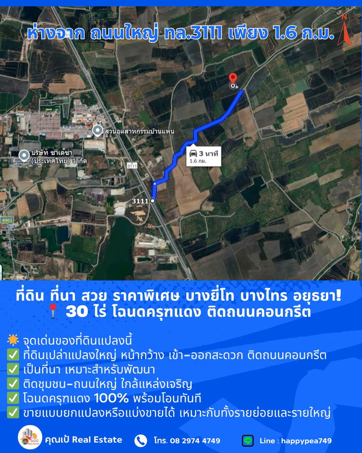 รูป ที่ดิน ที่นา บางไทร อยุธยา! สวย ราคาพิเศษ 📍 ขนาด 30 ไร่ โฉนดครุฑแดง ติดถนนคอนกรีต 🔥 ขายถูกที่สุดในย่านนี้  - รูปที่ 14/15