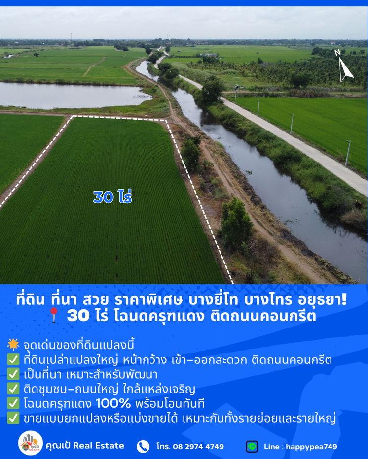 รูป ที่ดิน ที่นา บางไทร อยุธยา! สวย ราคาพิเศษ 📍 ขนาด 30 ไร่ โฉนดครุฑแดง ติดถนนคอนกรีต 🔥 ขายถูกที่สุดในย่านนี้  - รูปที่ 6/15