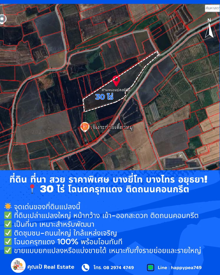 รูป ที่ดิน ที่นา บางไทร อยุธยา! สวย ราคาพิเศษ 📍 ขนาด 30 ไร่ โฉนดครุฑแดง ติดถนนคอนกรีต 🔥 ขายถูกที่สุดในย่านนี้  - รูปที่ 11/15