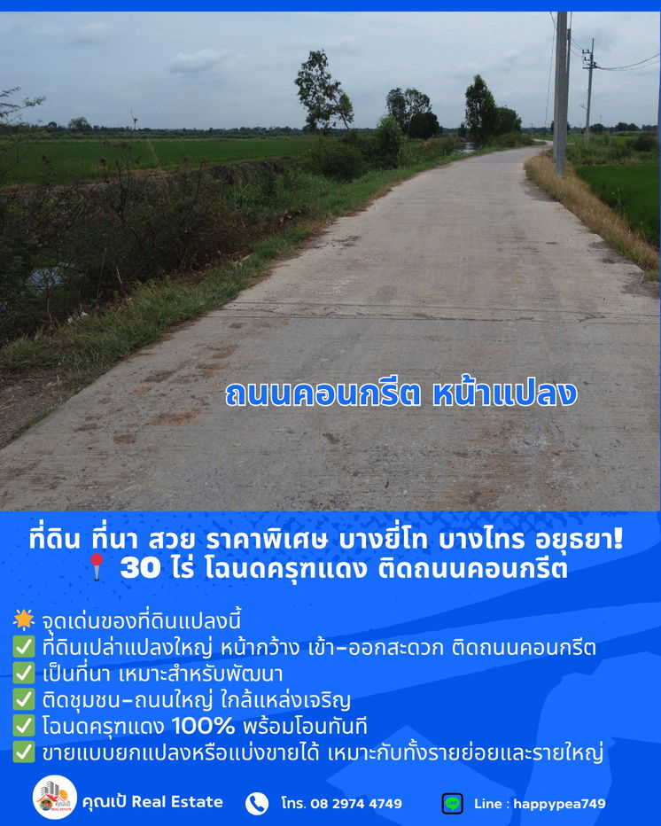 รูป ที่ดิน ที่นา บางไทร อยุธยา! สวย ราคาพิเศษ 📍 ขนาด 30 ไร่ โฉนดครุฑแดง ติดถนนคอนกรีต 🔥 ขายถูกที่สุดในย่านนี้  - รูปที่ 8/15