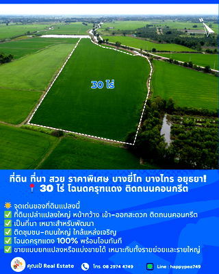 ที่ดิน บางไทร พระนครศรีอยุธยา : ที่ดิน ที่นา บางไทร อยุธยา! สวย ราคาพิเศษ 📍 ขนาด 30 ไร่ โฉนดครุฑแดง ติดถนนคอนกรีต 🔥 ขายถูกที่สุดในย่านนี้ 