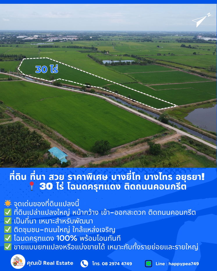 รูป ที่ดิน ที่นา บางไทร อยุธยา! สวย ราคาพิเศษ 📍 ขนาด 30 ไร่ โฉนดครุฑแดง ติดถนนคอนกรีต 🔥 ขายถูกที่สุดในย่านนี้  - รูปที่ 5/15