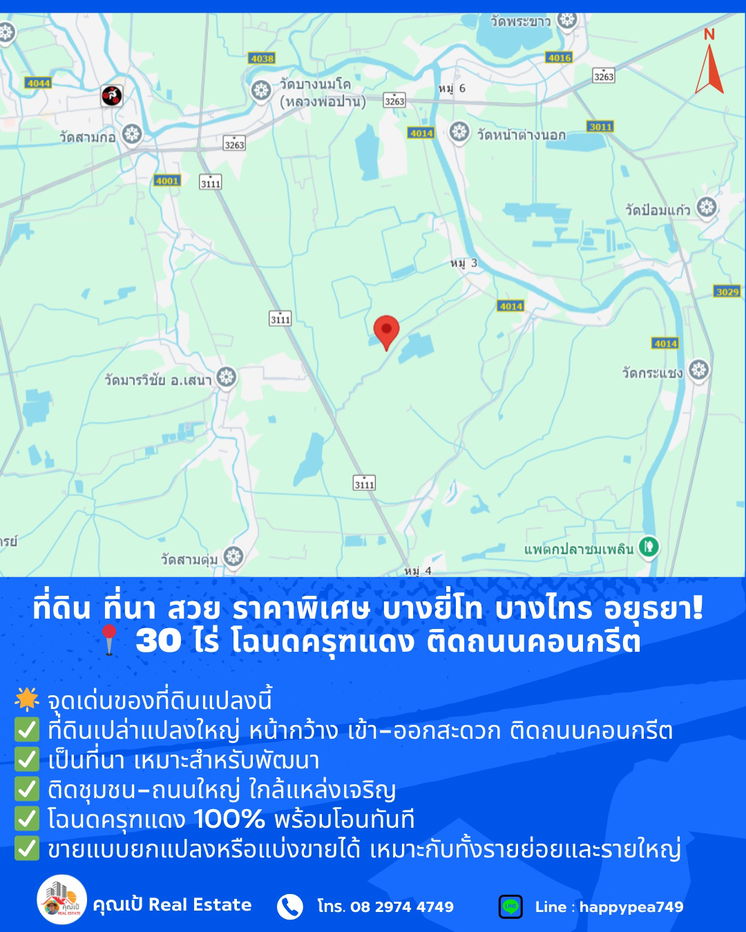 รูป ที่ดิน ที่นา บางไทร อยุธยา! สวย ราคาพิเศษ 📍 ขนาด 30 ไร่ โฉนดครุฑแดง ติดถนนคอนกรีต 🔥 ขายถูกที่สุดในย่านนี้  - รูปที่ 13/15