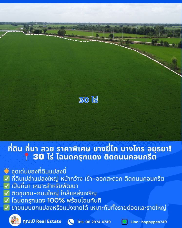 รูป ที่ดิน ที่นา บางไทร อยุธยา! สวย ราคาพิเศษ 📍 ขนาด 30 ไร่ โฉนดครุฑแดง ติดถนนคอนกรีต 🔥 ขายถูกที่สุดในย่านนี้  - รูปที่ 7/15