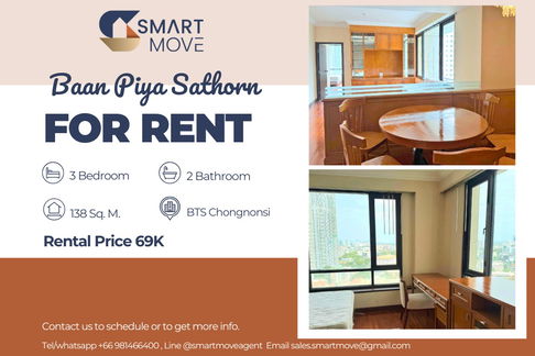 🔥 For Rent !! 🔥 Code C20221203632..........Baan Piya Sathorn, 3 bedroom, 2 bathroom 1 maid's room, high floor 22++, furnished, ready to move in 📣📣