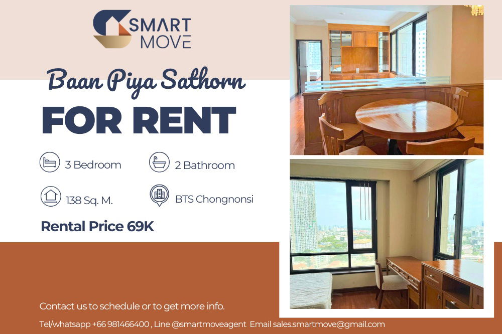 picture 🔥 For Rent !! 🔥 Code C20221203632..........Baan Piya Sathorn, 3 bedroom, 2 bathroom 1 maid's room, high floor 22++, furnished, ready to move in 📣📣 - 1/10