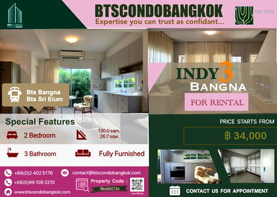Townhouses for rent : 🔥🐈🐕‍🦺□■Pet Friendly Corner Plot Townhome in Bangna 2BR 26.7 sq.w 130 sqm. fully furnished with the best price for Rental■□