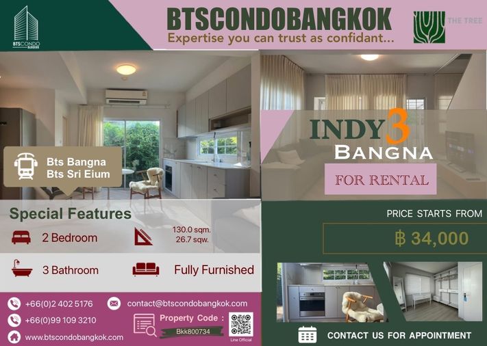 🔥🐈🐕‍🦺□■Pet Friendly Corner Plot Townhome in Bangna 2BR 26.7 sq.w 130 sqm. fully furnished with the best price for Rental■□