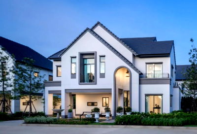 Houses for sale Chakri Naruebodindra Medical Institute : European-style detached house by Sansiri, auspicious house number, Saransiri Bangna project (corner unit), next to Bangphli Industrial Estate