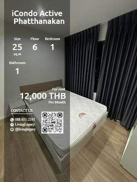 SR6R6B ให้เช่าคอนโด iCondo Active Phatthanakan 25 ตร.ม. ชั้น 6 line id : @livinglegacy