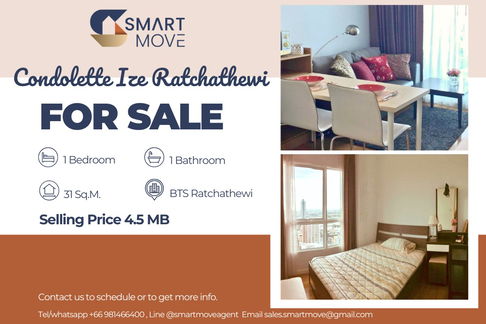 🔥 For Sale !!🔥 Code C20230108570........Condolette Ize Ratchathewi, 1 bedroom, 1 bathroom, City View, high floor 26++, furnished, Special Deal!!📣📣
