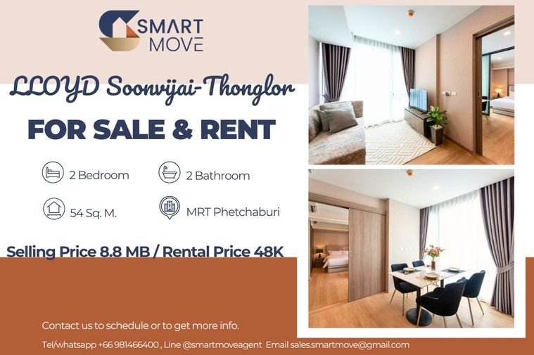 🔥 For Sale !!🔥 Code C20240900073.....LLOYD Soonvijai-Thonglor, 2 bedroom, 2 bathroom, combined room, furnished, ready to move in, Special Deal!!📣📣