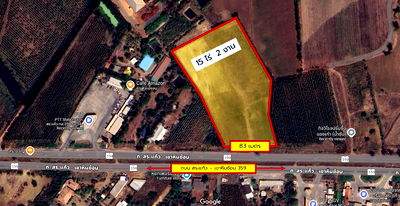 Land for sale : Main Road Frontage! Beautiful Land Plot Near PTT Gas Station! For Sale: 15 Rai 2 Ngan (6,200 sq.w.) 
