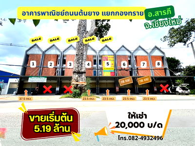 Shophouses for rent Donkaew Sub District Admin : New 3-story commercial building for rent near Klong Sai Intersection, Saraphi, 400 meters away. Great location with a wide parking lot in front.