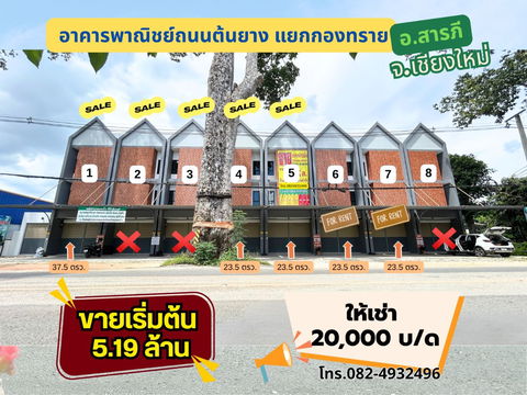New 3-story commercial building for rent near Klong Sai Intersection, Saraphi, 400 meters away. Great location with a wide parking lot in front.
