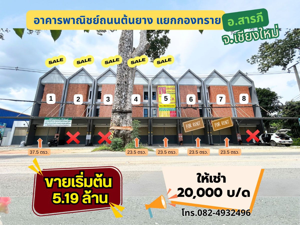 picture New 3-story commercial building for rent near Klong Sai Intersection, Saraphi, 400 meters away. Great location with a wide parking lot in front. - 1/30
