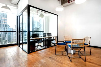 Office for rent วิทยาลัยพยาบาลทหารอากาศ : Fully furnished office space for rent  featuring modern-style decor and fully equipped with essential office furniture for immediate use.