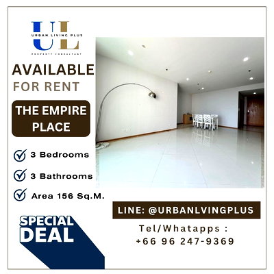 Condos for rent Assumption Convent Silom School : ( U20250213500 ) Tel/Line 096-2479369 , FOR RENT The Empire Place 3 bedroom 3 bathroom 1 maid 156 Sq.M. Ready to move in