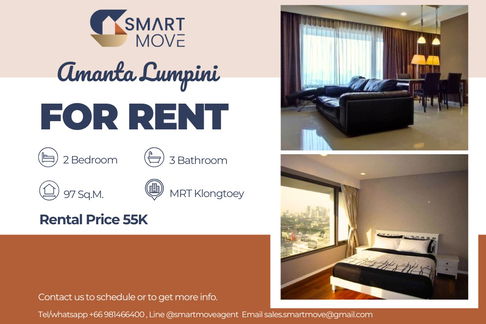 🔥 For Rent !! 🔥 Code C20230600086..........Amanta Lumpini, 2 bedroom, 3 bathroom, high floor 16++, furnished, ready to move in 📣📣