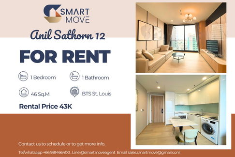 🔥 For Rent !! 🔥 Code C20240300678.Anil Sathorn 12, 1 bedroom, 1 bathroom, South Facing, City View, high floor 26++, furnished, ready to move in 📣📣