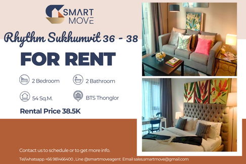 🔥 For Rent !! 🔥 Code C20221210404....Rhythm Sukhumvit 36 - 38, 2 bedroom, 2 bathroom, corner room, high floor 19++, furnished, ready to move in 📣📣