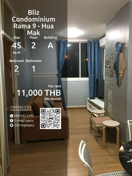 SJ2KUZ Condo For Rent Bliz Condominium Rama 9 - Hua Mak 45 Sq.M. Floor 2 Building A line id : @livinglegacy